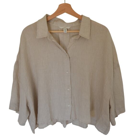 HM Linen Neutral Cropped Short Sleeve Blouse Size X Large - Picture 1 of 5